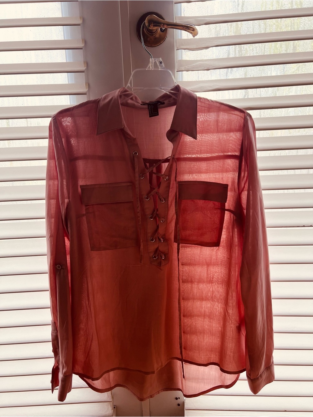 Sheer Lace-Up Button Blouse in Rust